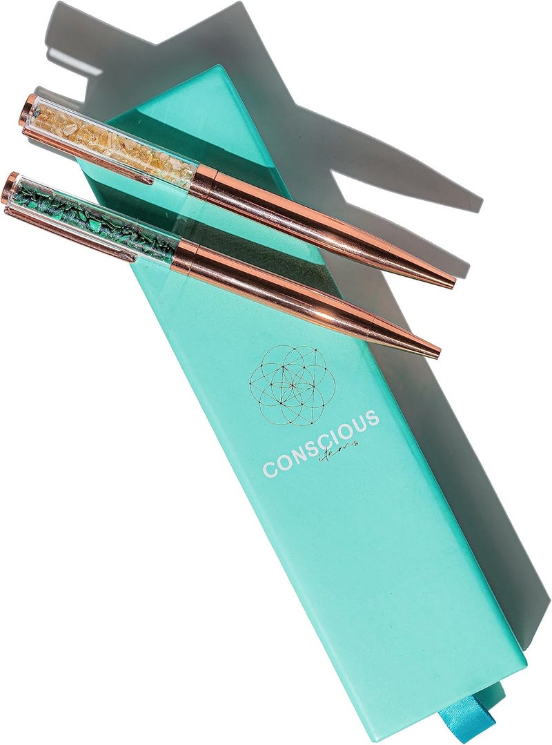 Conscious Items Abundance and Prosperity Pen Set Pyrite and Apatite Crystal Pen Set - Pen Set with Crystals - Fancy Pens for Women - Cute Pens for Girls - Real Natural Healing Crystal Pens - Image 1
